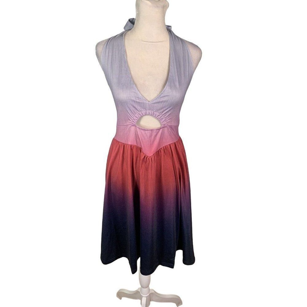 NEW Halter Dress Large Purple Ombre Backless Lightweight Cut Outs Fit Flare